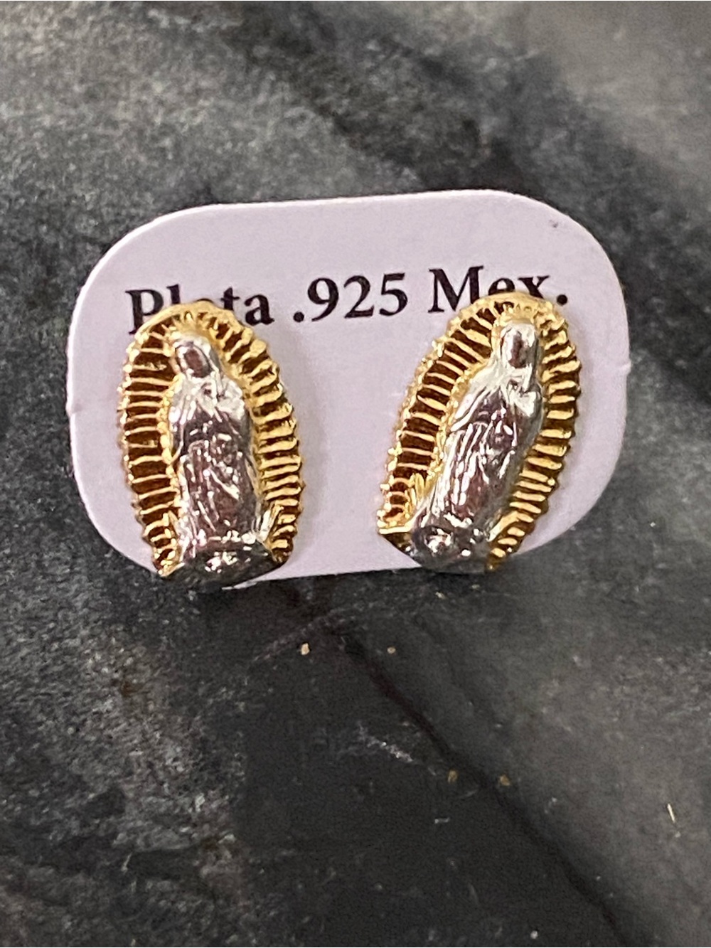 Silver 925 & 14k Gold plated Virgin Mary Stud Earrings - Two-Tone Women Jewelry